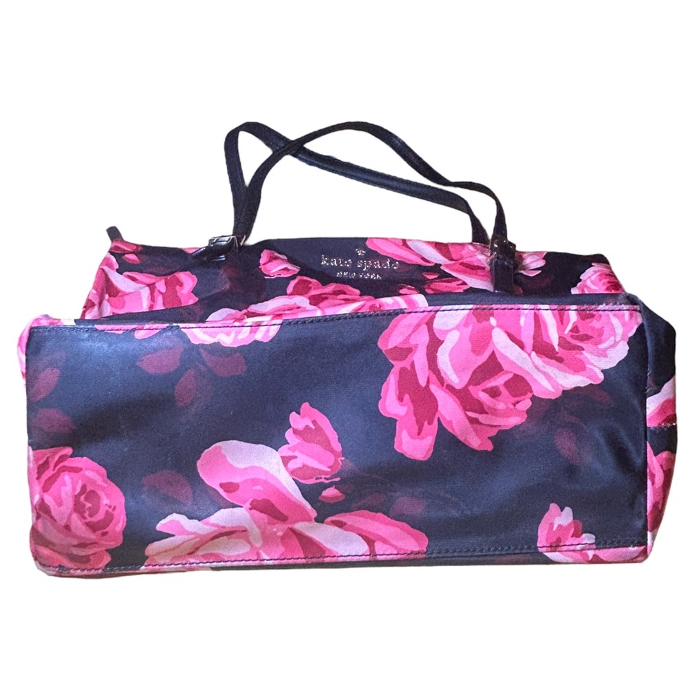 Kate Spade Floral Roses Fabric + Leather Trim Large Black Shoulder Bag Purse - Picture 8 of 15